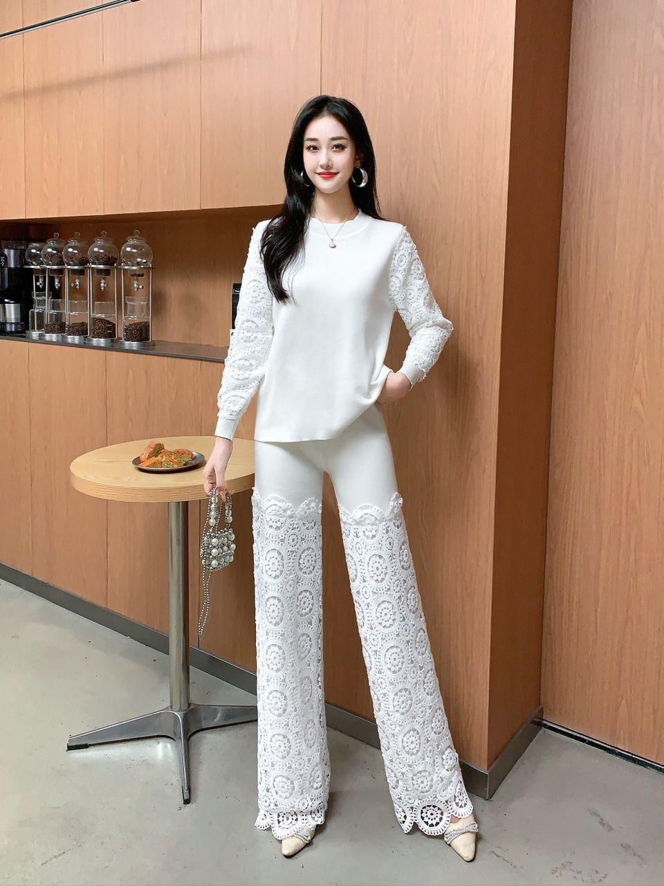 Saira 2 Piece Outfits  Knit Pullover and Wide Leg Lace Pants Lounge Matching Set